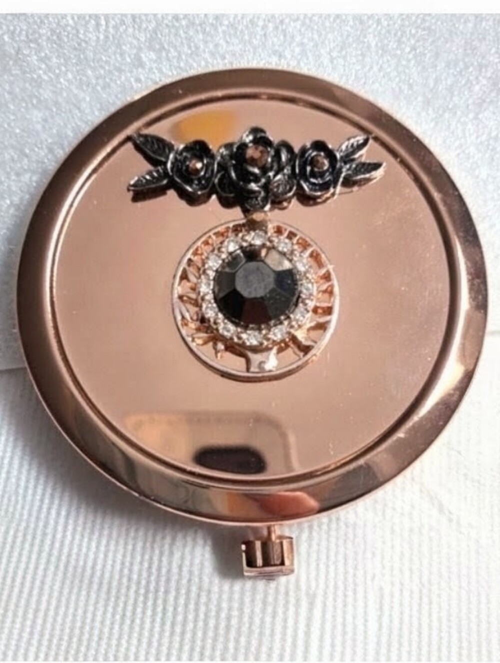 Rose Gold Compact Mirror Case w/ Black & Copper Jewels